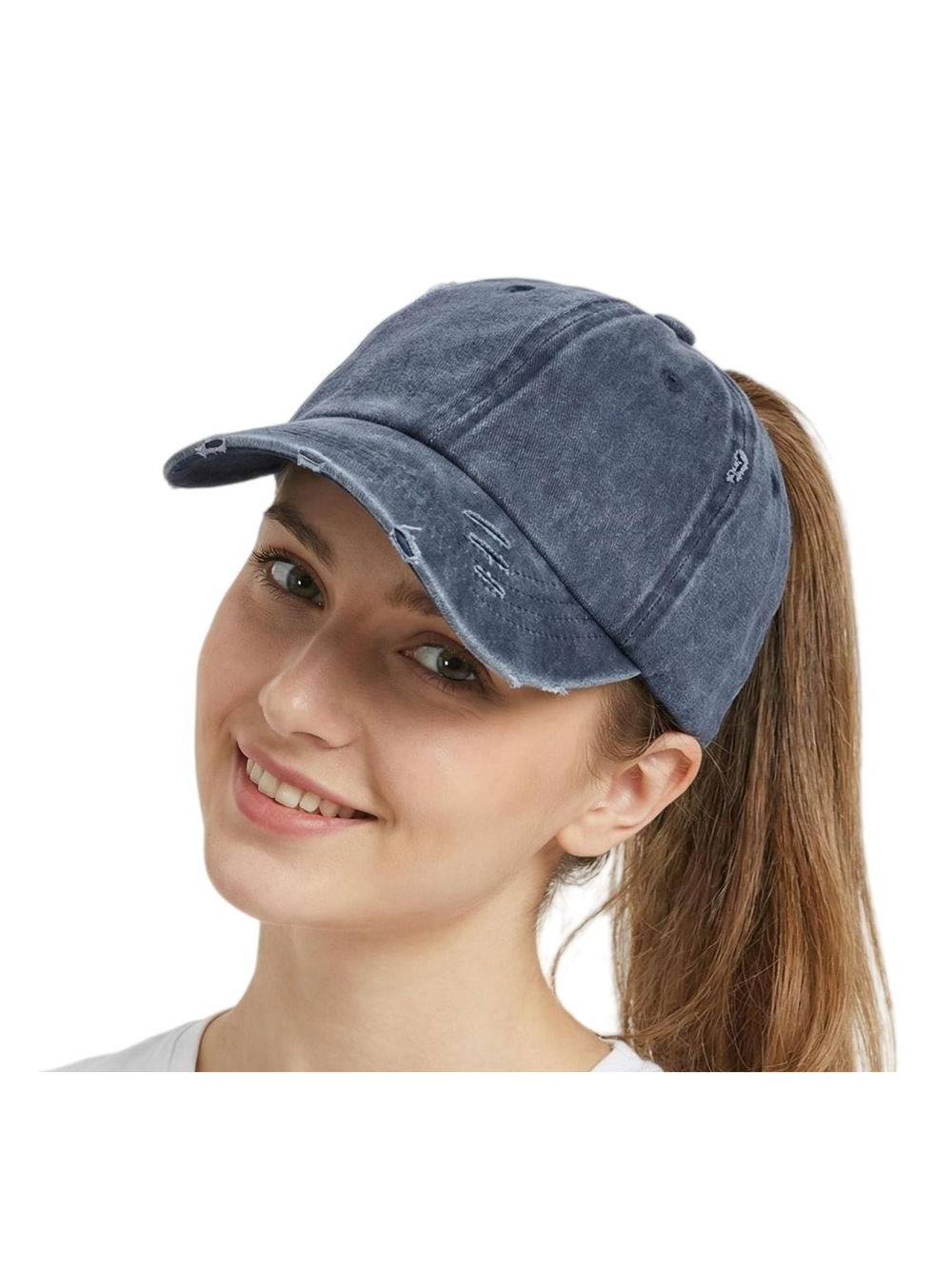 Womens High Ponytail Messy Bun Baseball Caps | Solid Fabric Navy | Size OS